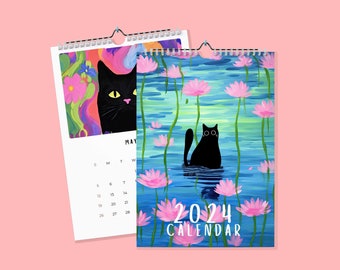 2024 2025 Option Black Cat Illustrations Wall calendars - Monthly Calendar, Illustrated 12 Month Calendar, Wall Decor, Kitties