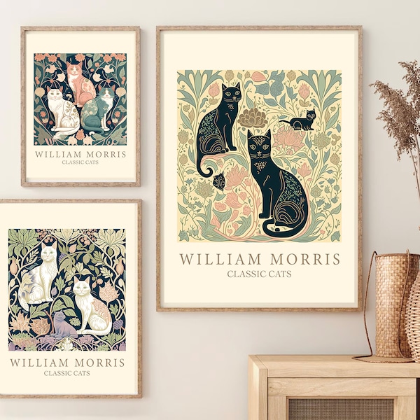 William Morris Cats, Set of 3, Botanical Wall Art, Cat Art, Floral Decor, Animal Poster, Classic Print, Wall Art Set, Digital Download