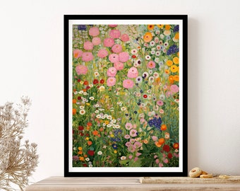 Gustav Klimt bloemen tuin roze en groene muur kunst print poster ingelijste kunst cadeau