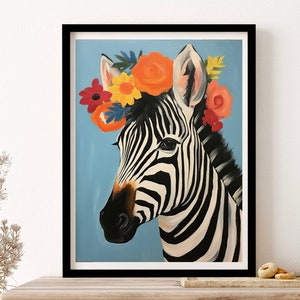 Floral Crown Botanical Zebra Tropical Blue Painting Wall Art Print Poster Framed Art Gift