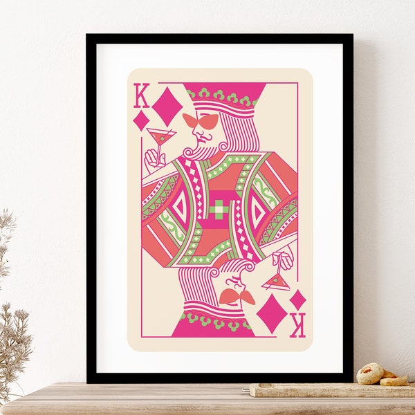 King Of Diamonds with Cocktail Pink Wall Art Print Poster Framed Art Gift | Playing Cards