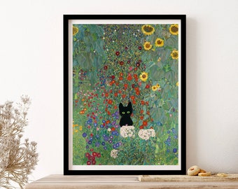 Gustav Klimt Farm Garten mit Sonnenblumen Katzen Wandkunst Print Poster gerahmt Kunst Geschenk