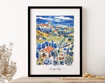 Tuscany Illustration Line Art Italy Travel Wall Art Print Poster Framed Art Gift