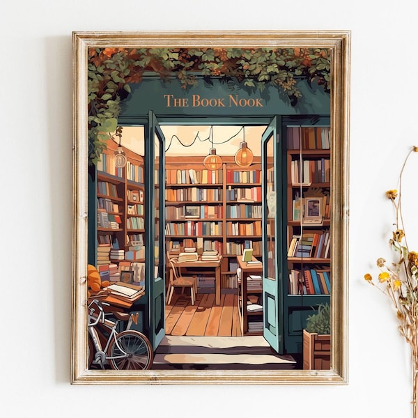 Vintage The Book Nook Poster Book Shop Print Book Lovers Gift Reading Gift Digital Download