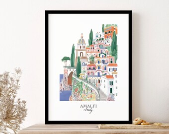 Amalfi Italy Gouache Travel Illustration Wall Art Print Poster Framed Art Gift