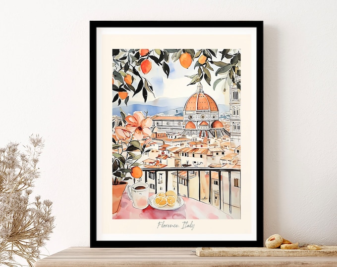 Florence Italy View With Oranges Watercolour Wall Art Print Poster Framed Art Gift