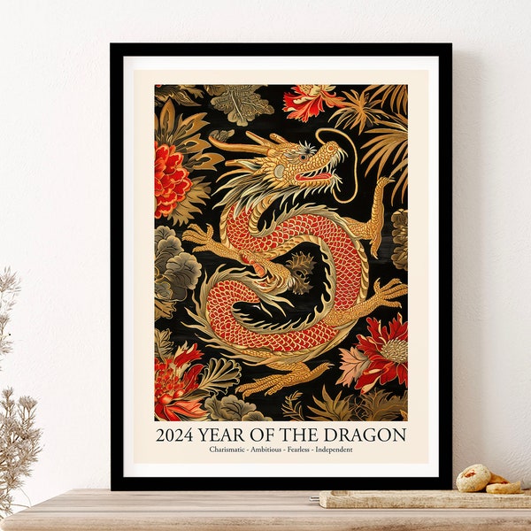 Lunar Year Of The Dragon 2024 Gold Dragon Wall Art Print Poster Framed Art Gift