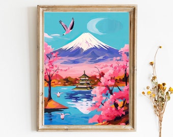 Japan Mount Fuji Travel illustration Cherry Blossoms Painting Digital Download