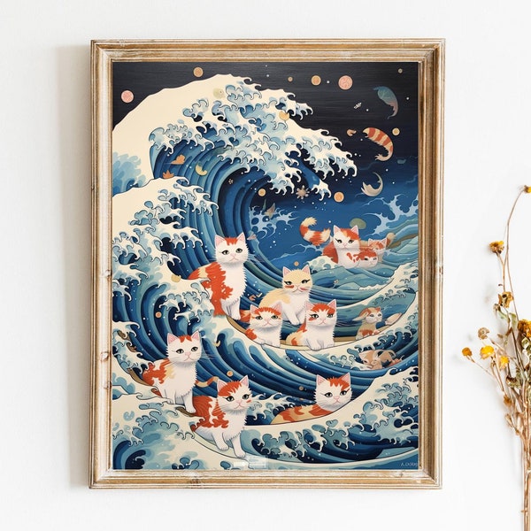 Hokusai La Grande Vague au large de Kanagawa White Tan Cats Kitsch Téléchargement numérique