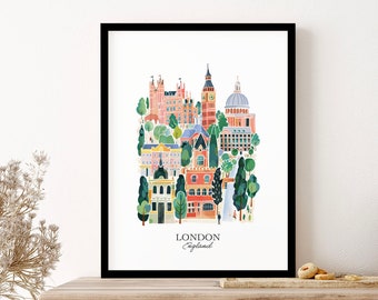 London England Gouache Travel Illustration Wall Art Print Poster Framed Art Gift
