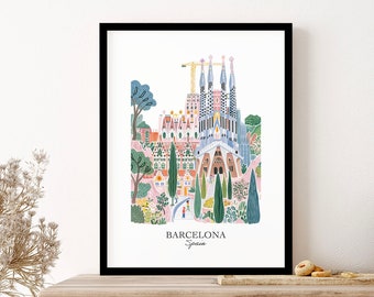 Barcelona Spain 2 Gouache Travel Illustration Wall Art Print Poster Framed Art Gift