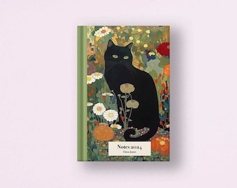 Personalised Gustav Klimt, Black Cat In A Garden Notebook Journal A5, A4, Lined, Blank or Graph Paper - Cat Gift