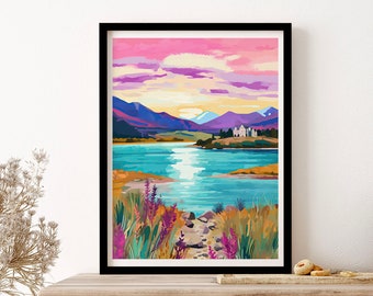 New Zealand Lake Tekapo Travel Illustration Housewarming Painting Wall Art Print Poster Framed Art Gift