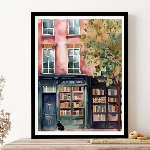 Vintage The Book Nook Poster with Cat Book Shop Print Book Lovers Gift Reading Gift Wall Art Print Poster Framed Art Gift