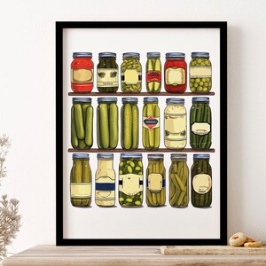 Pickles And Pickles Jars Illustration Kitchen Wall Art Print Poster Framed Art Gift