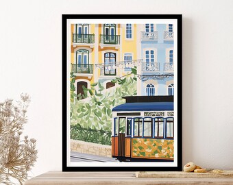 Lisbon Streets Tram Portugal Travel Art Print, Poster, Wall Art, Vintage Illustration