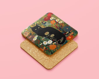 Cat Coaster -  Gustav Klimt, Black Cat In A Garden - Cat Lovers Gift - Botanical