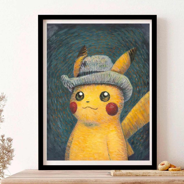 Pikachu x van Gogh, Pikachu mit grauem Filz, Pokemon -Karte, Kinder, Gamers Wall Art Print Poster gerahmt Kunstgeschenk