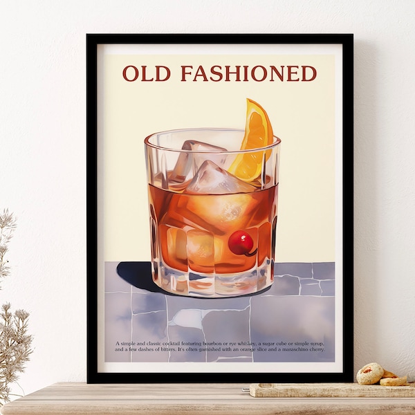 Old Fashioned Cocktail Kitchen Art Wall Art Print Poster Framed Art Gift