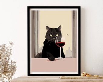 Black Cat With Glass Of Wine Wall Art Print Poster Framed Art Gift