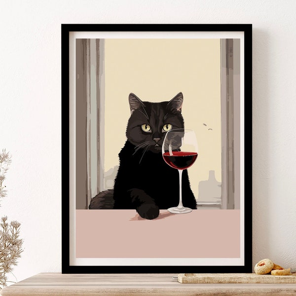 Schwarze Katze mit Glas Wein Wandkunst Print Poster gerahmt Kunstgeschenk