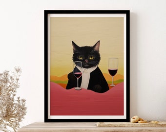 Black Cat With 2 Glasses Of Wine Painting Wall Art Print Poster Framed Art Gift