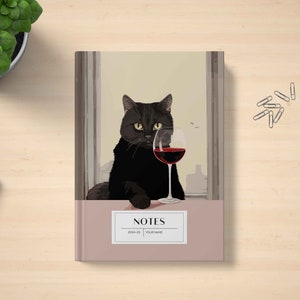 Black Cat With Glass Of Wine, Personalised Notebook Journal A5, A4, Lined, Blank or Graph Paper - Cat Gift - animal lovers, wine lovers