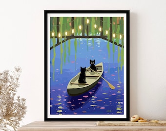 Cats On A Boat Illustration Wall Art Print Poster Framed Art Gift