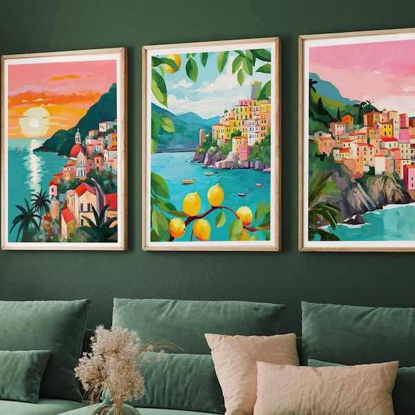 Reis Poster Illustratie Set Van 3 - Cinque Terre, Amalfi - Levendige Reislust Muurdecor - Gedrukte Kunst - Galerijwand, Kunstdruksets