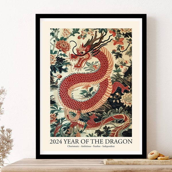 Lunar Year of The Dragon 2024 Wall Art Print Poster Framed, Dragon Art Chinese Zodiac Vintage