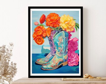 Valentines Flowers And Cowboy Boots Mothers Day Wall Art Print Poster Framed Art Gift