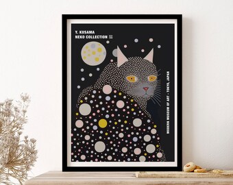 Yayoi Kusama Inspired Cat Pink Grey Abstract Wall Art Print Poster Framed Art Gift