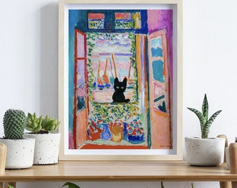 Henri Matisse Cat Print, Matisse Open Window Cat Poster, Black Cat Art, Floral Print, Funny Cat print, Funny gift, Home decor Posters