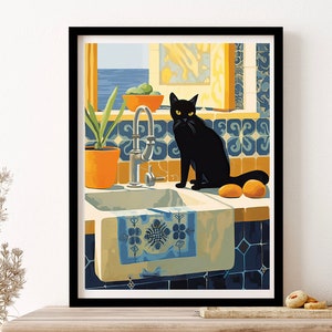 Black Cat In The Kitchen Sink Wall Art Print Poster Framed Art Gift