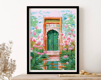 Lotus Gate Jaipur India Travel Art Print, Poster, Wall Art, Vintage Illustration