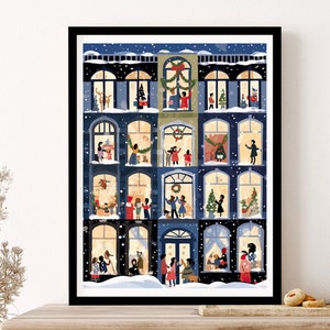 Apartment Windows In New York Christmas Snow Holidays Framed Art Print Poster