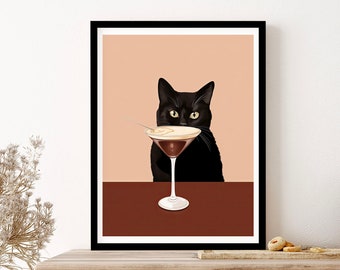 Black Cat With Espresso Martini Cocktail Drink Wall Art Print Poster Framed Art Gift