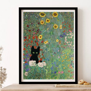 Gustav Klimt Inspired , Farm Garden With Sunflowers And A Black Cat Art Print Wall Art Print Poster Framed Art Gift
