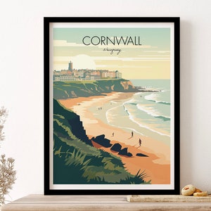 Cornwall England Newquay Surfers Travel Art Print, Poster, Wall Art, Vintage Illustration