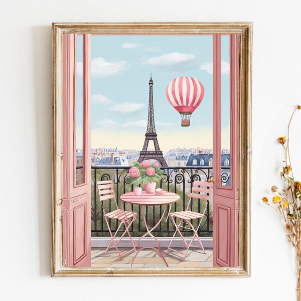 Impression d'art Paris Tour Eiffel Ballons chauds Illustration affiche de voyage, France, pendaison de crémaillère, Paris Decor téléchargement numérique