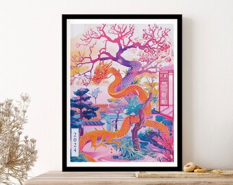 Lunar Year Of The Dragon 2024 Pink Blue Wall Art Print Poster Framed Art Gift