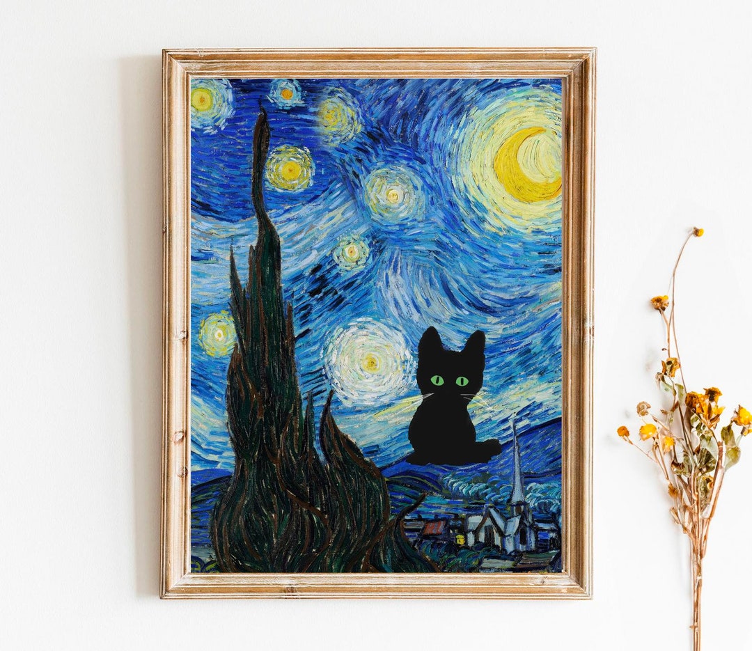 Vincent Van Gogh the Starry Night With Black Cat, Van Gogh Cat Poster ...