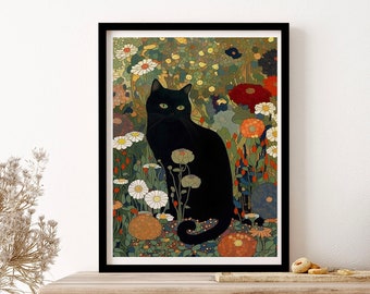 Cat Art Print, Gustav Klimt, Black Cat In A Garden Wall Poster Framed Cat Gift