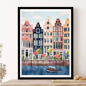 Amsterdam Netherlands Canals Travel Art Print, Poster, Wall Art, Vintage Illustration