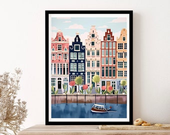 Amsterdam Netherlands Canals Travel Art Print, Poster, Wall Art, Vintage Illustration