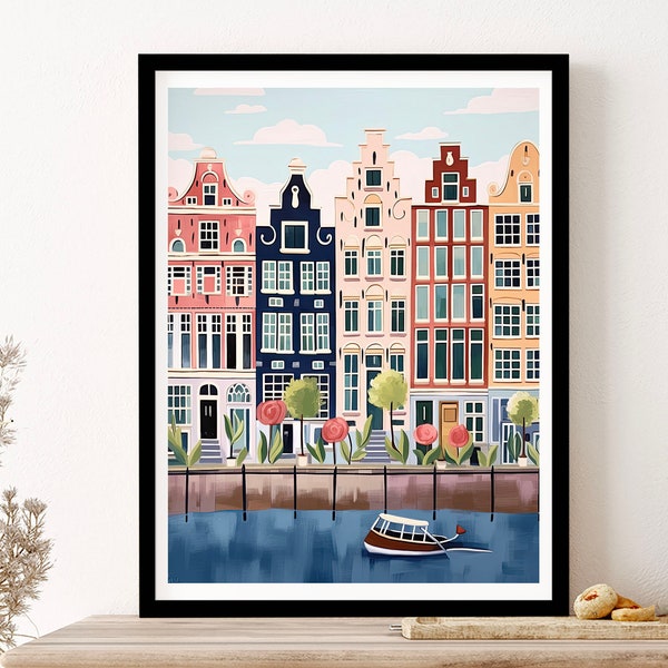 Amsterdam Países Bajos Canales Ilustración de acuarela 3 Regalo de arte enmarcado