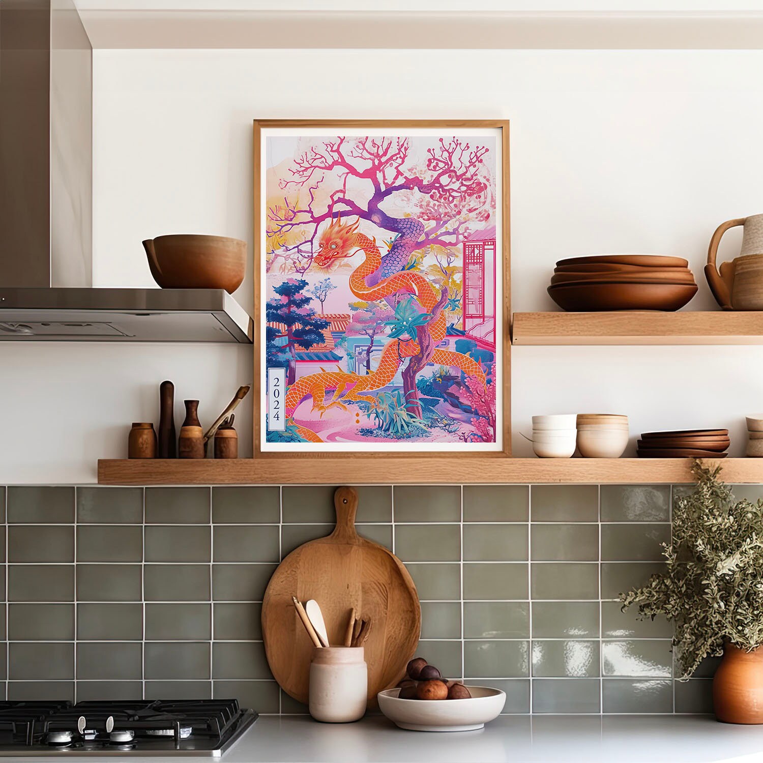 Discover Lunar Year Of The Dragon 2024 Pink Blue Wall Art Print Poster