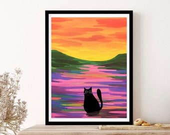 Cute Cat In Colourful Lake Painting Wall Art Print Poster Framed Art Gift