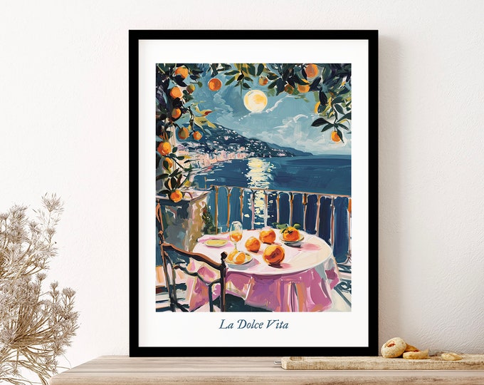 La Dolce Vita Sicily Italy Night Dinner Oranges Wall Art Print Poster Framed Art Gift