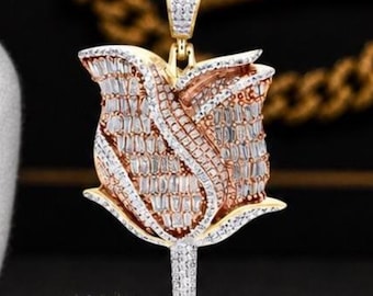 Rose Flower Pendant 1.8 CT Round & Baguette Diamond Birthday Gift for Women Iced Out Jewelry 925 Sterling Silver Flower Rose Hip Hop Pendant